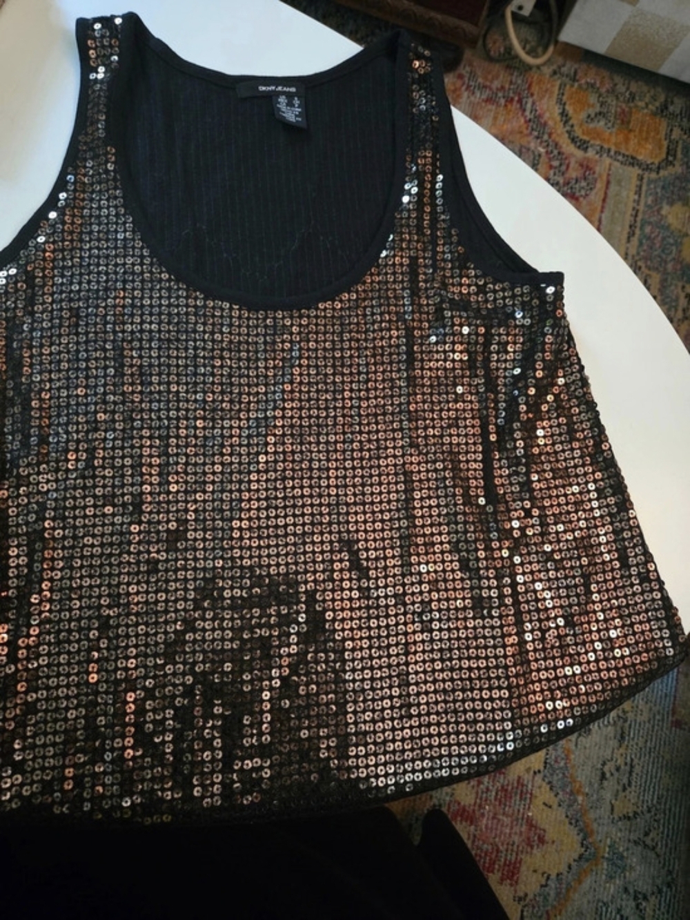 DKNY Jeans Sequin Tank Top in Black & Copper Size Small